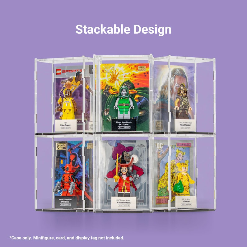 May include: Clear, stackable display cases showcasing various minifigures and cards. The cases feature figures like Kobe Bryant, Dr. Doom, and Captain Hook. The text "Stackable Design" is visible at the top. The cases are displayed against a purple background.