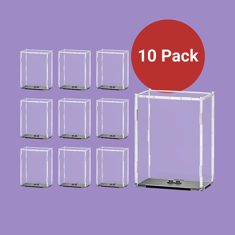 May include: A set of ten clear display cases with a rectangular shape and a silver base. The cases are arranged against a purple background, with a red circle in the upper right corner that reads "10 Pack".