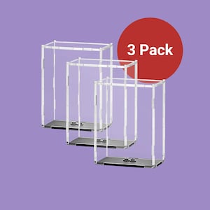 May include: Three clear display cases with a rectangular shape and a gray base are arranged against a purple background. The cases are labeled "3 Pack" in a red circle.
