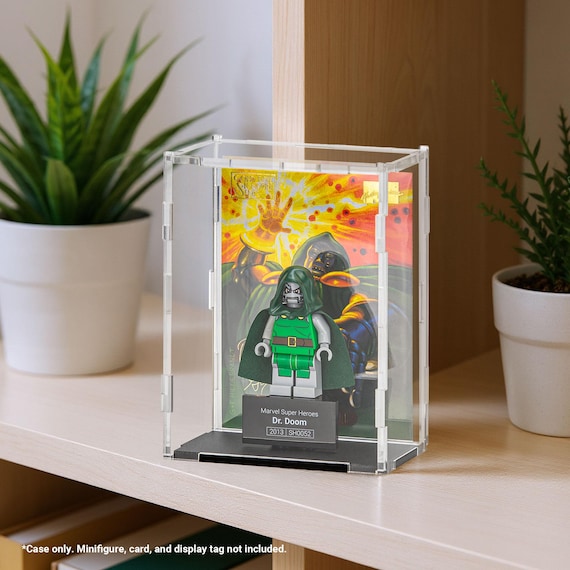 Minifigure display case with collectible card holder
