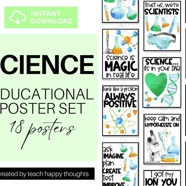 18 Science CLASSROOM POSTERS | Puns & Quotes | Positive Environment | Love for Science Biology Chemistry | Science Teacher Classroom