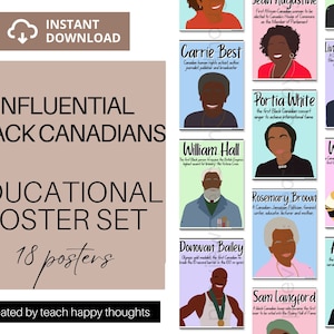 May include: A set of 18 colorful posters featuring portraits of influential Black Canadians. Each poster includes the person's name, a brief description of their accomplishments, and a colorful illustration. The posters are titled "Influential Black Canadians Educational Poster Set".