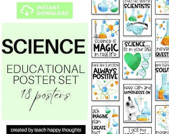 18 Science CLASSROOM POSTERS | Puns & Quotes | Positive Environment | Love for Science Biology Chemistry | Science Teacher Classroom