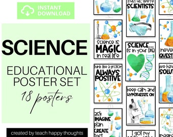 18 CARTELES DE AULA de Ciencias / Puns & Citas / Ambiente Positivo / Amor por la Ciencia Biología Química / Aula de Profesores de Ciencias