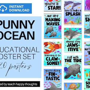 OZEAN MEER Wortspiele Zitate Poster Set Poster Inspirierend Positive Schwarze Brett Klassenzimmer Bildung Aquarell Clipart Unterwasser Leben