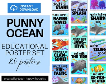 OCEAN SEA Puns Quotes Poster Set Posters Inspirational Positive Bulletin Board Classroom Educational Watercolor Clipart Underwater Life