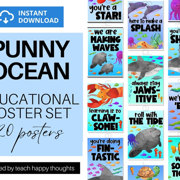 OCEAN SEA Puns Quotes Poster Set Posters Inspirational Positive Bulletin Board Classroom Educational Watercolor Clipart Underwater Life