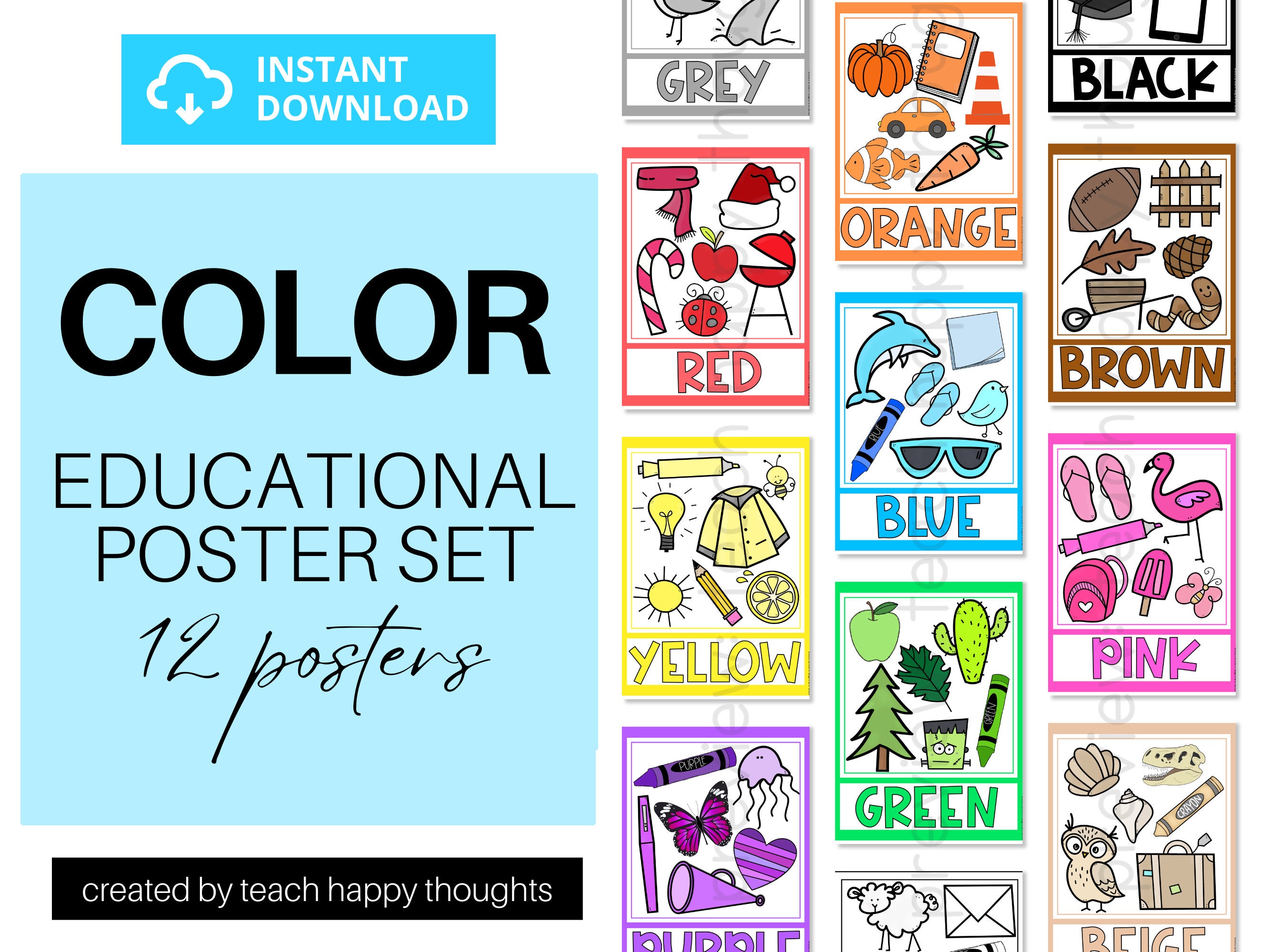12 COLOR Classroom Poster Set - 12 POSTERS | Primary Secondary Colours Shades Neutral Posters Art Maths Classroom Posters Kindergarten Fun