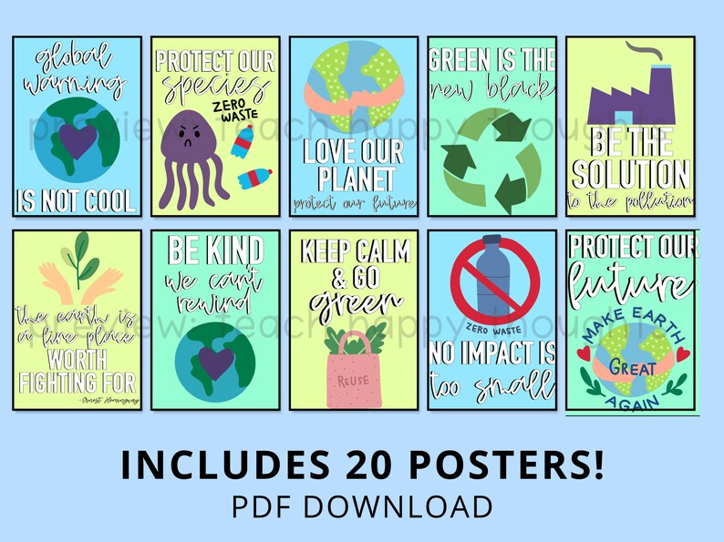 CARTELES DEL DÍA DE LA TIERRA / Medio ambiente Clima 20 Clase Conjunto de carteles escolares Reciclaje verde Compost Basura Planeta Día de la Tierra Calentamiento Global imagen 3