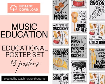 18 Instrumentos de MÚSICA CARTELES DE AULA Conjunto de carteles / Puns positivos y citas Acuarela Clipart Canto Tocando Cuerda Viento Percusión Profesor