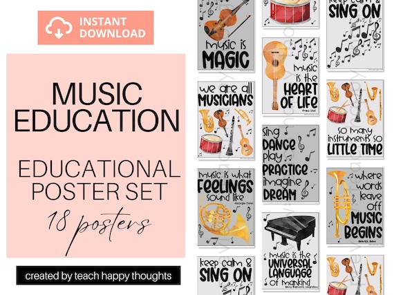18 MUSIC Instruments CLASSROOM POSTERS Poster Set | Positive Puns & Quotes Watercolor Clipart Singing Playing String Wind Percussion Teacher