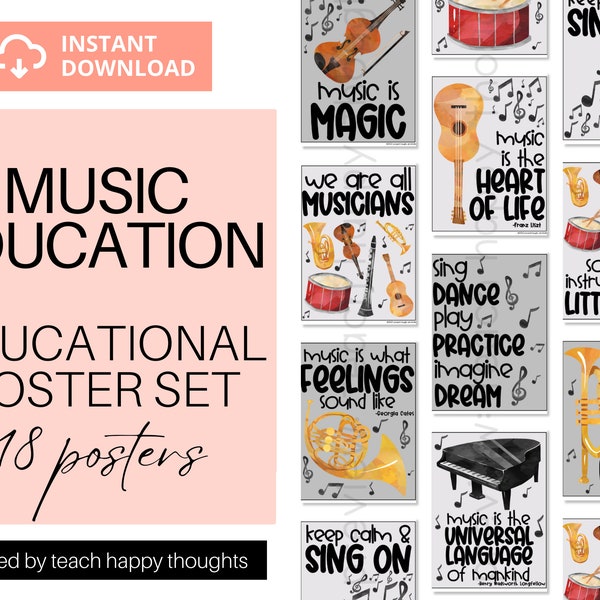 18 MUSIC Instruments CLASSROOM POSTERS Poster Set | Positive Puns & Quotes Watercolor Clipart Singing Playing String Wind Percussion Teacher