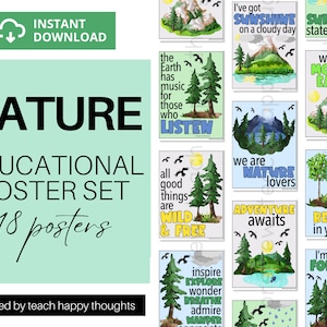 18 NATURE Outdoor Education CLASSROOM POSTERS | Positive Inspirational Quotes | Watercolor Nature Clipart - Trees, plants, sunshine & more!