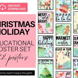 22 POSTER DELLE VACANZE DI NATALE / Citazioni, testi e giochi di parole di Natale / Babbo Natale Pan di zenzero Rudolph Holly Pinguino Archi Stella Campana Acquerello Clipart