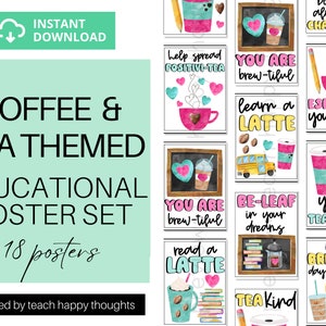 18 Kaffee & Tee KLASSENZIMMER POSTER | Lernen, Lesen, Positive Umgebung Kaffee Tee Latte Chai Koffein Liebe Spaß