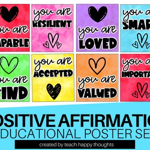 POSITIVE AFFIRMATION Bright Color Poster Bulletin Board Set | 22 POSTERS & Quotes | Student Friendly Language Educational Classroom Posters