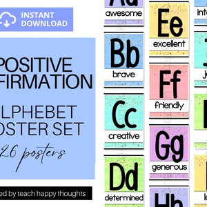 Positive Affirmation ALPHABET Poster mit WORD WALL Kreisen | Aquarell Gold Pastell Helle Farbe Klassenzimmer Dekor Brief Poster Set Spaß