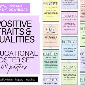 May include: A set of 60 colorful educational posters featuring positive traits and qualities, such as creativity, grit, integrity, and empathy. Each poster includes the word, definition, and examples. The posters are designed to help children learn about important character traits.