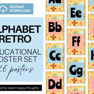 Retro Groovy Vintage Whimsical ALPHABET LETTER POSTERS 26 Banners Poster Set Bulletin Board Literacy English Language Sounds Letters