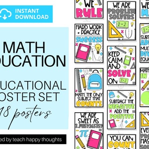 18 MATHS CLASSROOM POSTERS | Math Teacher Class Classroom Decor Inspirational Positive Puns Quotes Bright Colors Subtraction Addition Fun