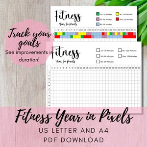 Fitness em Pixels Carta e A4, Fitness Yearly Tracker, Fitness Pixels, Um Ano em Pixels, Bullet Journal Goal Tracker, Classic Happy Planner