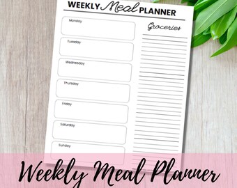 May include: A printable weekly meal planner with a section for listing groceries. The planner has a simple design with black text on a white background. The text "WEEKLY Meal PLANNER" is at the top of the page. The days of the week are listed down the left side of the page, and a space is provided for writing in meals for each day. The text "Groceries" is written at the top of the right side of the page, and a space is provided for listing groceries.