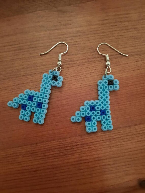 Handmade blue dinosaur hama perler fuse bead drop earrings Etsy