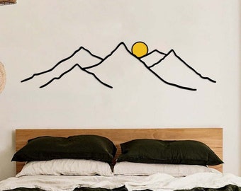 Minimalist Mountain Metal Wall Art, Mountain Range and Sun Decor