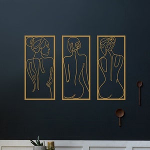 Naked Female Metal Line Art Set of 3 - Woman Body Wall Decor - Minimalist Bath Decor - Bathroom Wall Art - Woman Line Artwork