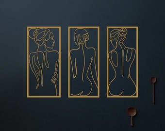 Naked Female Metal Line Art Set of 3 - Woman Body Wall Decor - Minimalist Bath Decor - Bathroom Wall Art - Woman Line Artwork