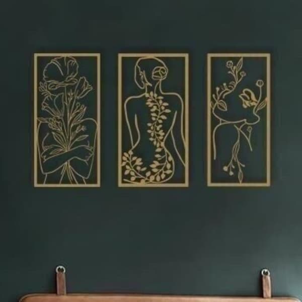 Female-Flower Wall Art Set, Woman Metal Wall Art, Female Metal Line Art, Minimalist Woman Art, Livingroom Wall Art, Metal One line art