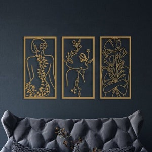 Female-Flower Wall Art Set, Woman Metal Wall Art, Female Metal Line Art, Minimalist Woman Art, Livingroom Wall Art, Metal One line art