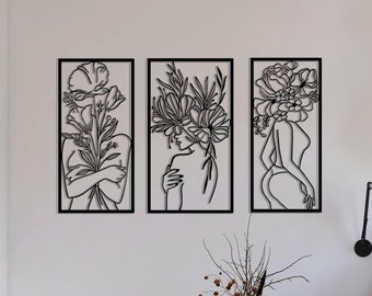 Set of 3 Floral Female Metal Art, Above Bed Wall Decor