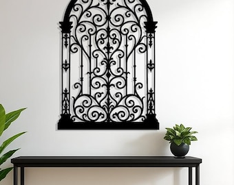 Puerta arqueada de hierro forjado, decoración de pared de metal, decoración de pergaminos cortados con láser
