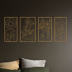 Gold Wall Decor, Female Flower Metal Wall Art Set, Over Bed Wall Art