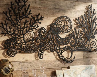 Octopus Metal Wall Art, Ocean Coral Decor, Nautical Sculpture