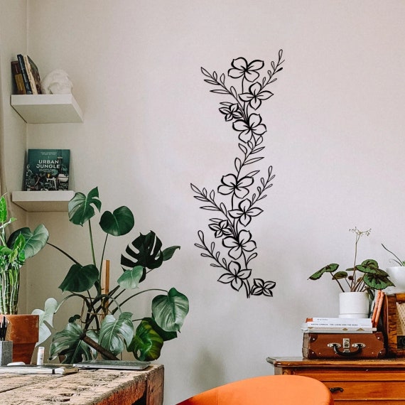 Vertical Floral Metal Wall Art | Outdoor Garden Wall Decor | Flower Vine Metal Wall Hanging | Modern Patio Decoration
