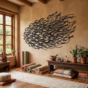 May include: A large black metal wall art piece featuring a stylized school of fish swimming in a fluid, swirling formation. The design consists of numerous interconnected fish silhouettes creating a dynamic, flowing pattern across the wall surface.