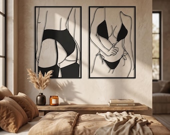 Set of 2 Female Body Line Art Metal Wall Decor, Minimalist Bedroom Art