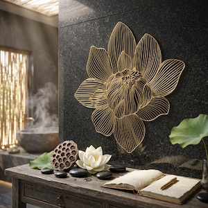 Metalowa dekoracja ścienna Golden Lotus – Zen Home Sanctuary Decor