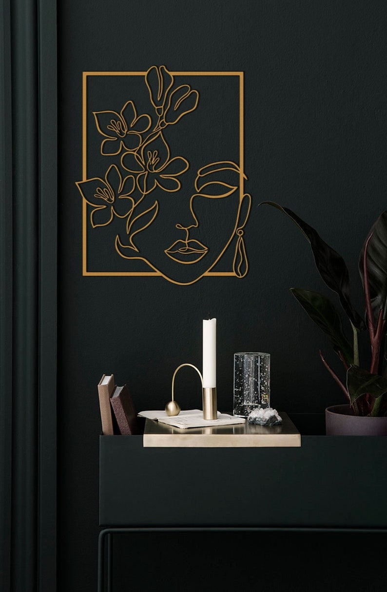 Gold Metal Line Art Female Face Gold Wall Art Gold Wall Etsy