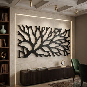 Luxuriöse schwarze Metallskulptur für das Wohnzimmer, große abstrakte Wandkunst aus Metall