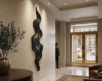 Arte mural abstracto vertical de metal, decoración de baño con ondas fluidas
