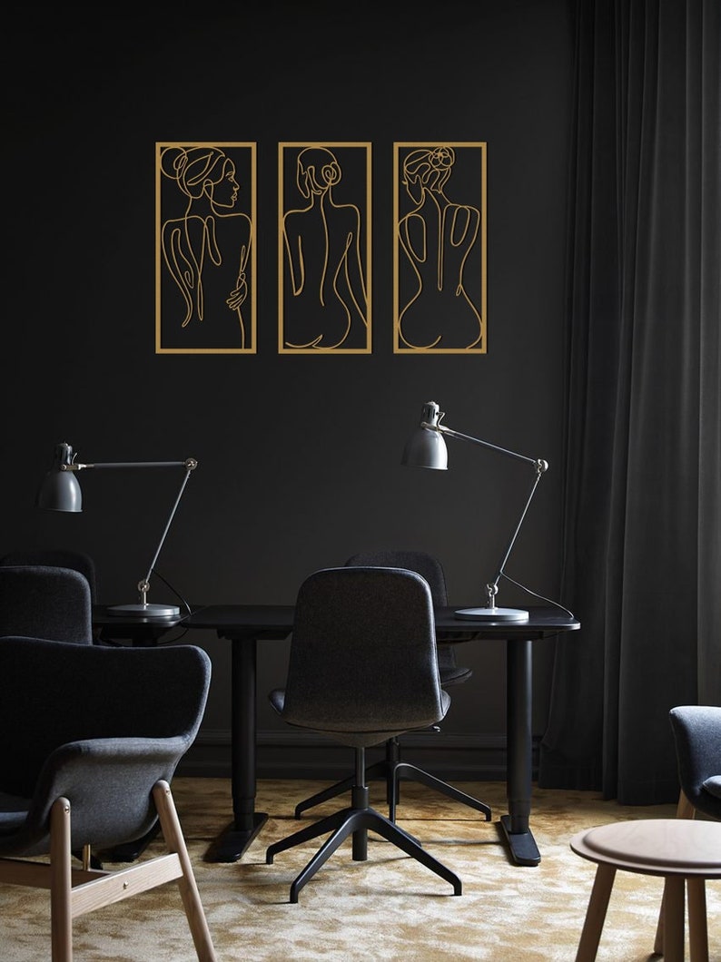 Naked Female Metal Line Art Set of 3 - Woman Body Wall Decor ...