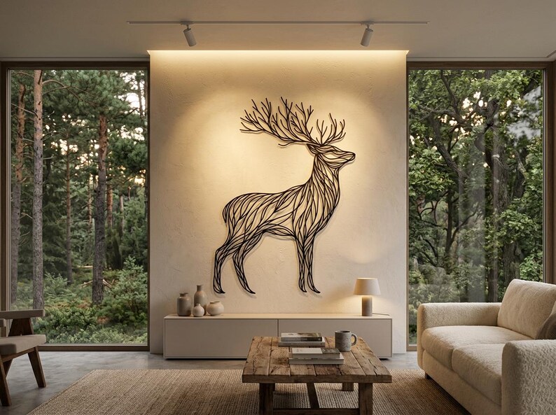 May include: A large, black metal deer wall art piece with intricate line detailing. The artwork is mounted on a light-colored wall, illuminated by spotlights. The room features a neutral color palette, a wooden coffee table, and large windows overlooking a forest.