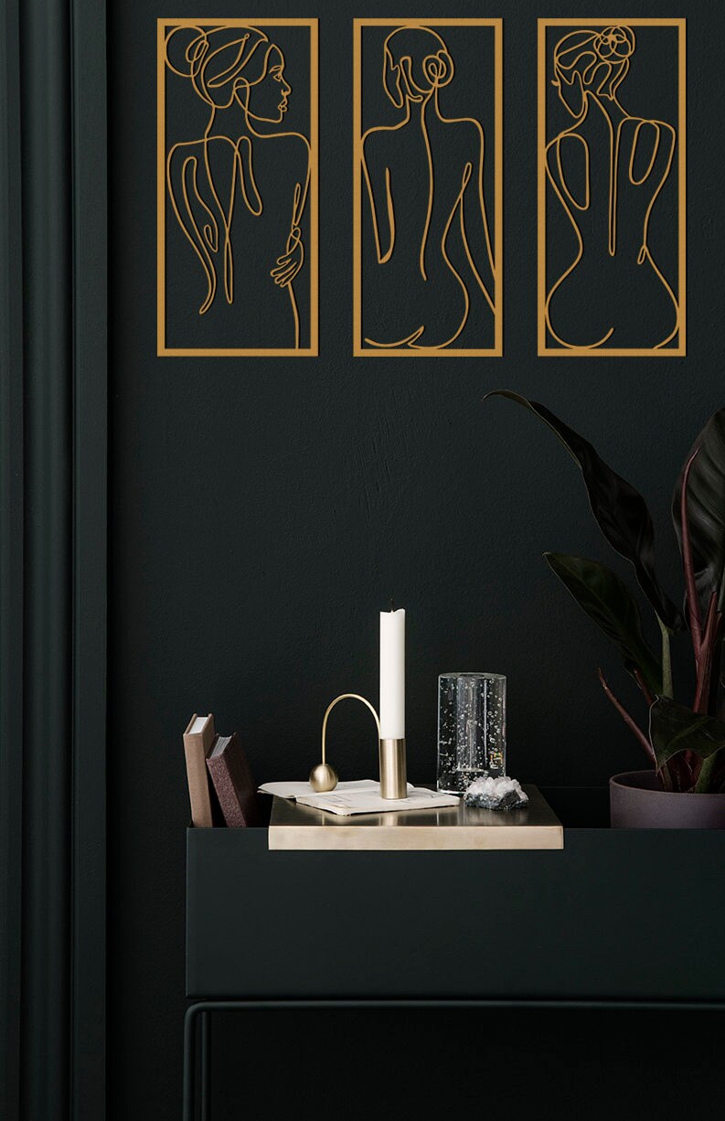 Naked Female Metal Line Art Set of 3 - Woman Body Wall Decor ...