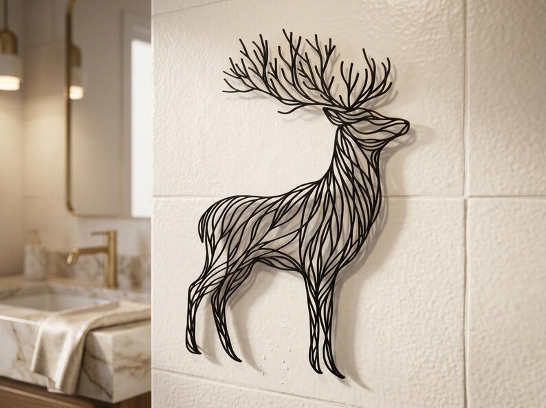 May include: Black metal deer wall art. The deer is depicted in a minimalist style with intricate line work, showcasing the antlers and body. This decorative piece is mounted on a white tiled wall, suitable for home decor.