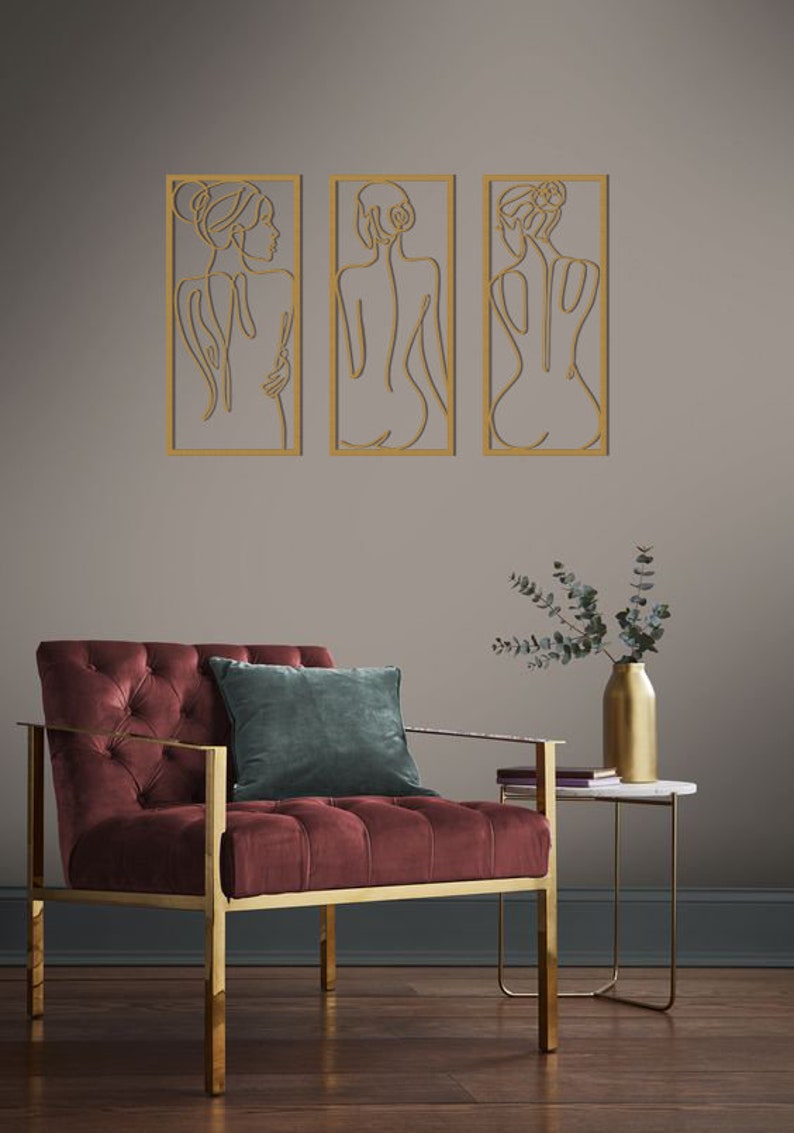 Naked Female Metal Line Art Set of 3 - Woman Body Wall Decor ...