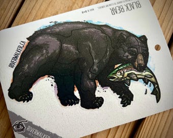 Black Bear - With Salmon - Fly Fishing Art - Fishing Decal