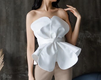 top da festa formale bustier fantasia avorio, top con petali di trifoglio, top corto elegante, top tubolare elegante e semplice a fiori, top senza spalline per festa serale